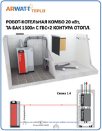 Робот-котельная 020 кВт, дрова-пеллеты, бункер пеллет 1 год, минимум ручного труда, схема 014 ГВС=да, ТА=да, контуров 2-18 [ARWATT-TPK-S2D-020-014-015