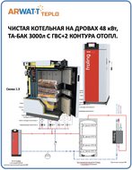 Робот-котельная 048 кВт, дрова, большая топка на 6-10 часов, авторозжиг, пиролиз, схема 013 ГВС=да, ТА=да, контуров 2-18 [ARWATT-TPK-S2-048-013-030]